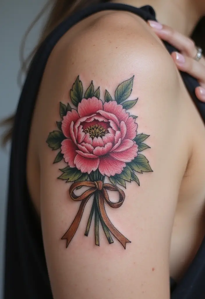30 Peony Tattoo Ideas with Meaning and Elegance - 25. Peony Bouquet with a Ribbon