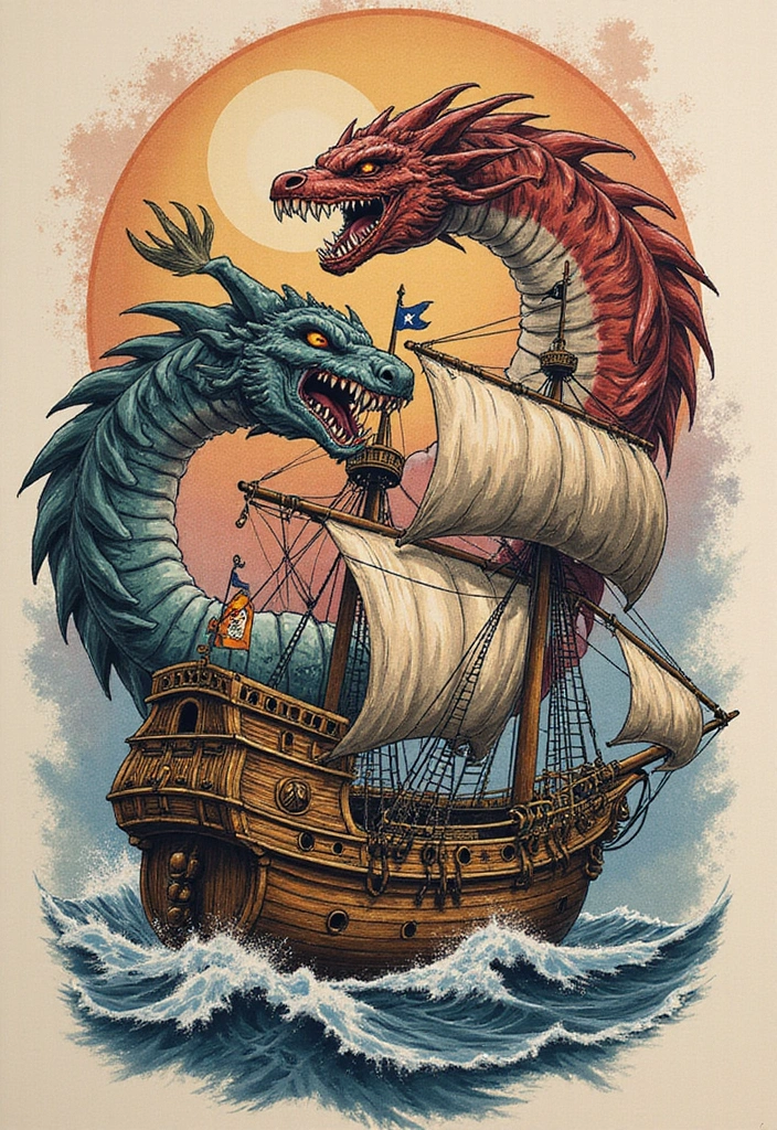30 Pirate Ship Tattoo Designs for Ocean Lovers - 25. Pirate Ship with Sea Monsters