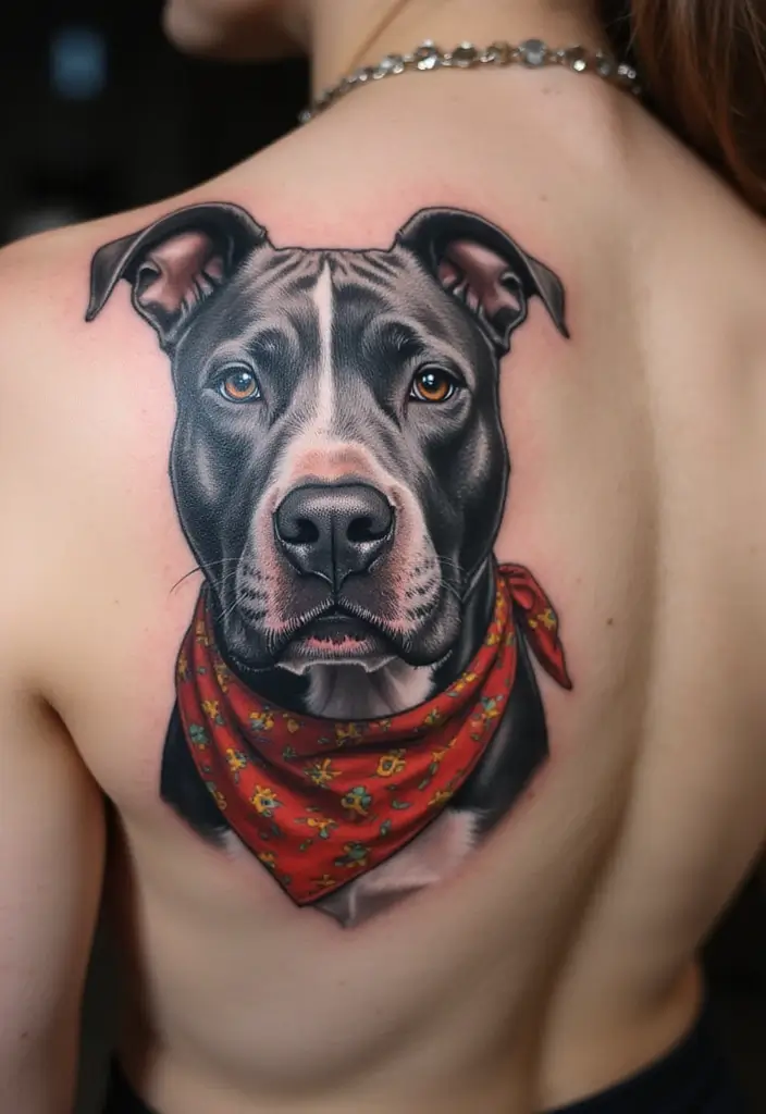 30 Pitbull Tattoo Designs Celebrating Strength and Loyalty - 25. Pitbull with a Bandana