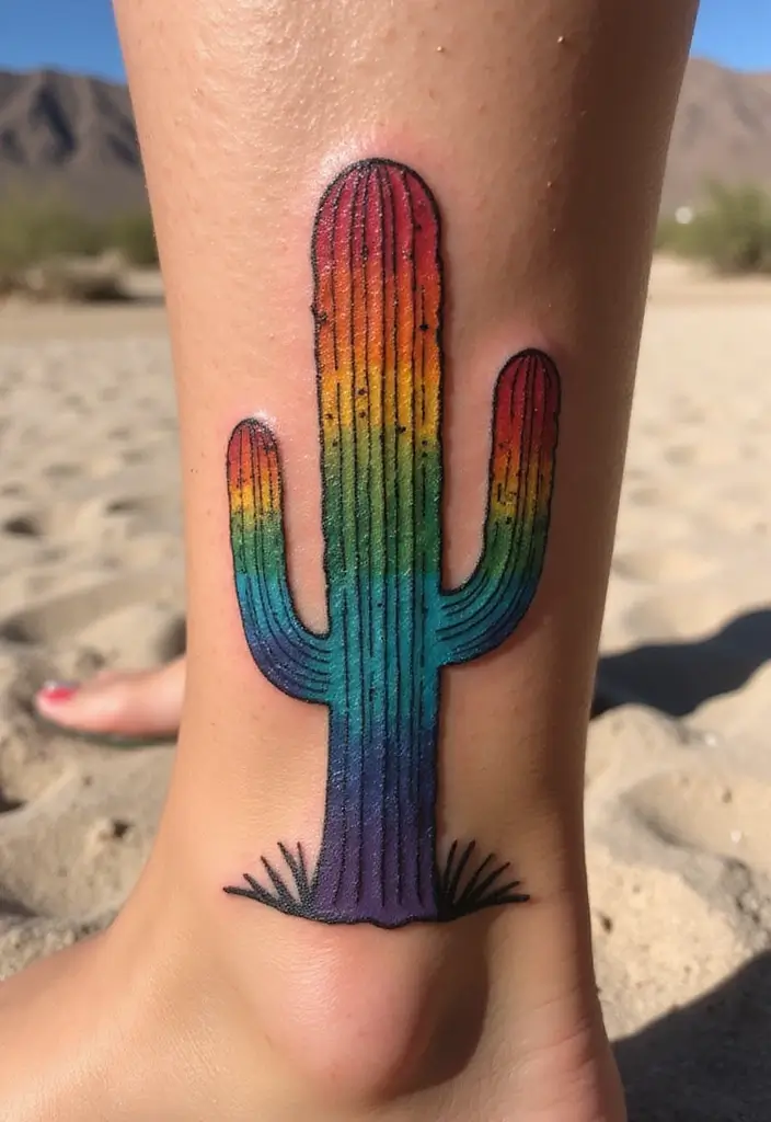 30 Rainbow Tattoo Ideas Full of Color and Meaning - 25. Rainbow Cactus Tattoo