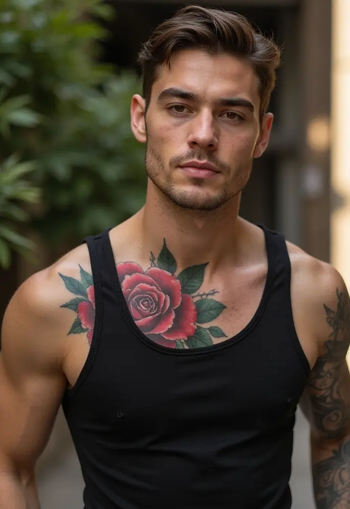 30 Shoulder Tattoos for Men with Meaningful Designs - 25. Rose: Love and Beauty