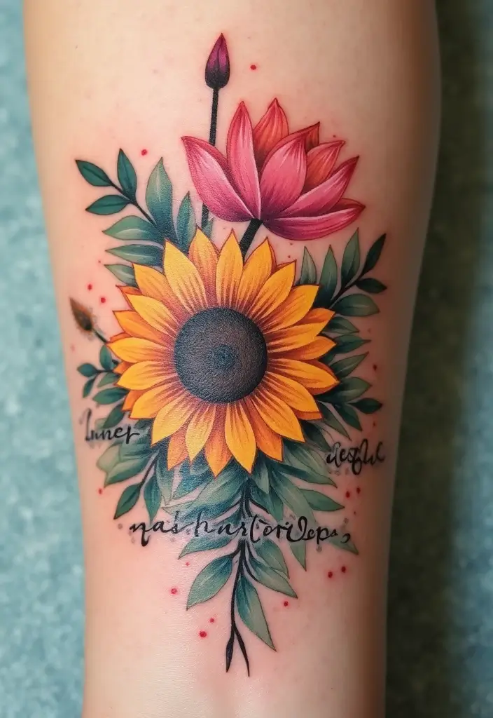 30 Sunflower and Quote Tattoo Ideas Full of Positivity - 25. Sunflower and Lotus with 'Inner Strength'