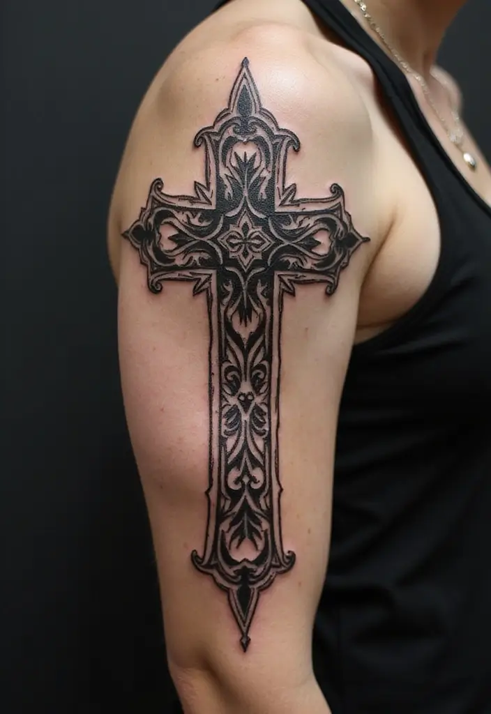 30 Tattoo Cross 3D Designs That Look Realistic - 25. Cross with Tribal Patterns