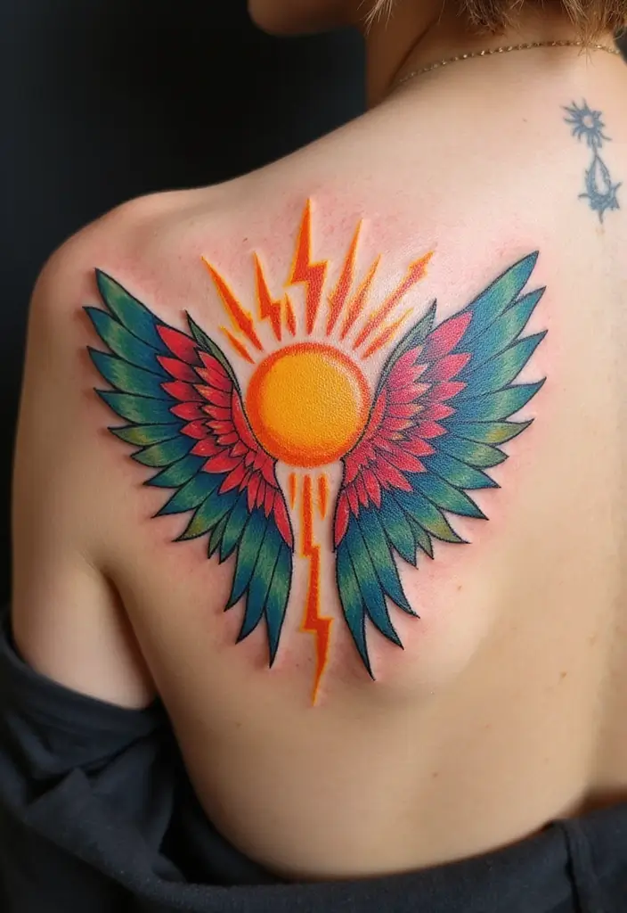 30 Shoulder Wing Tattoo Ideas with Angelic Inspiration - 25. Wings with a Sun