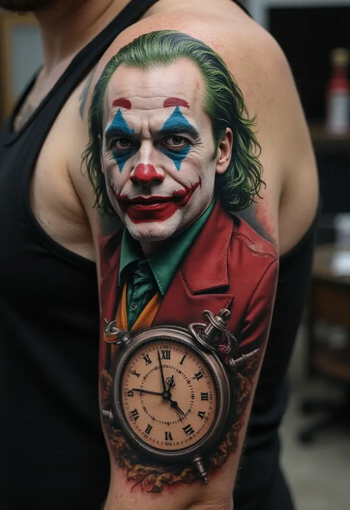 30 The Joker Tattoo Meaning and Unique Designs - 25. The Joker with a Clock