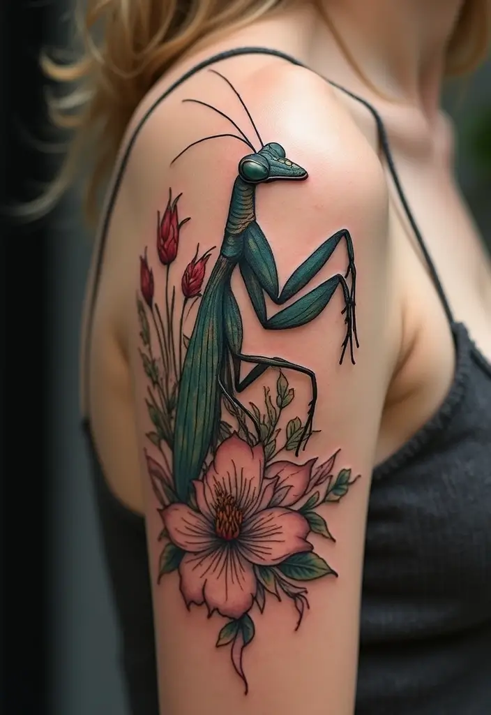 30 Traditional Praying Mantis Tattoo Ideas You’ll Love - 25. Mantis with Art Nouveau Style