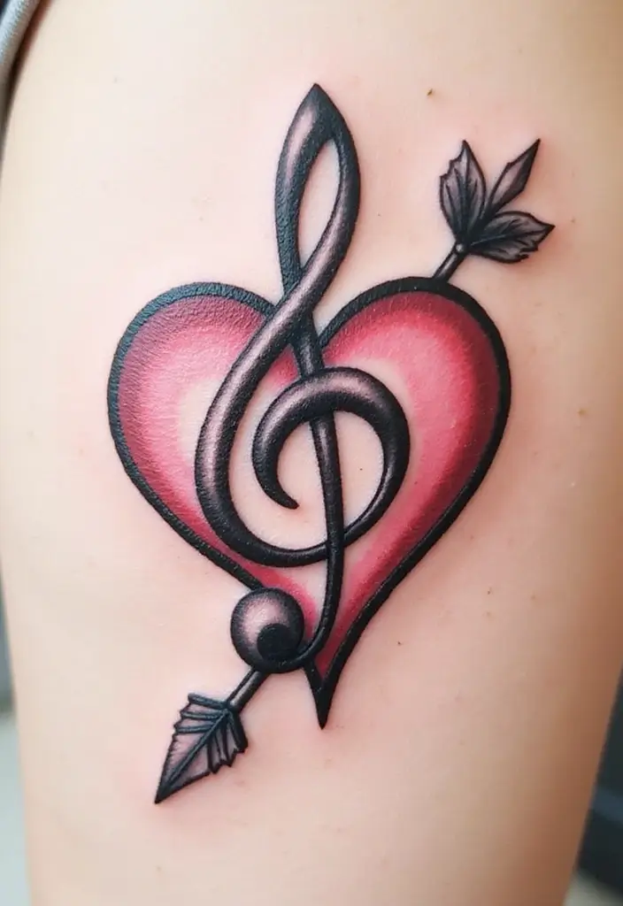 30 Treble Clef and Bass Clef Heart Tattoo Ideas for Music Lovers - 26. Clef Heart with an Arrow