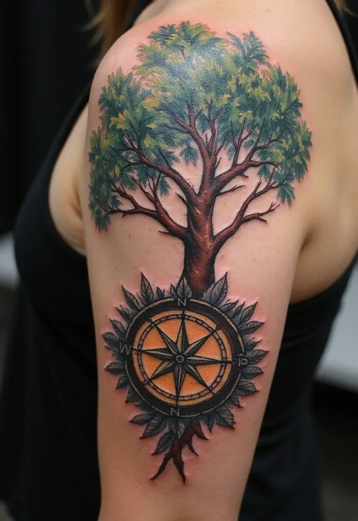 30 Tree on Shoulder Tattoo Ideas That Look Stunning - 25. Tree and Compass