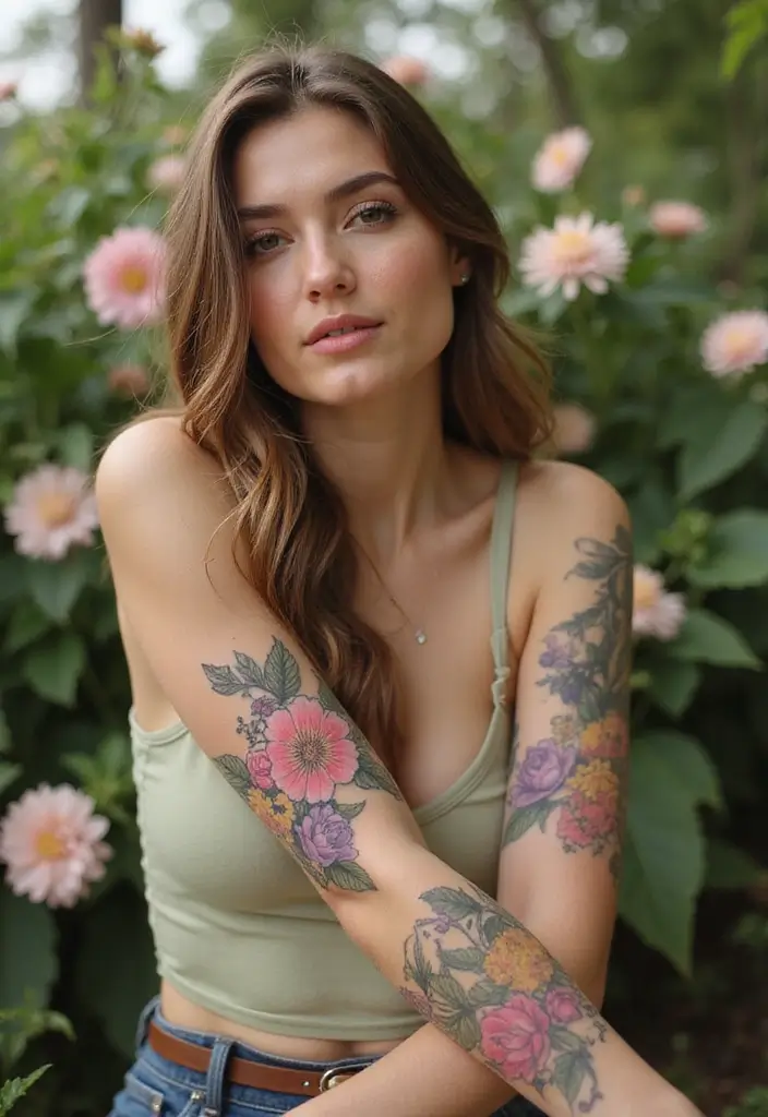 30 Women’s Feminine Arm Tattoos That Look Stylish - 25. Floral Scenery Tattoos