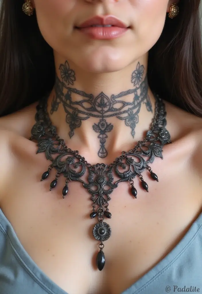 30 Women's Throat Tattoos That Are Edgy and Elegant - 25. Ornate Necklaces