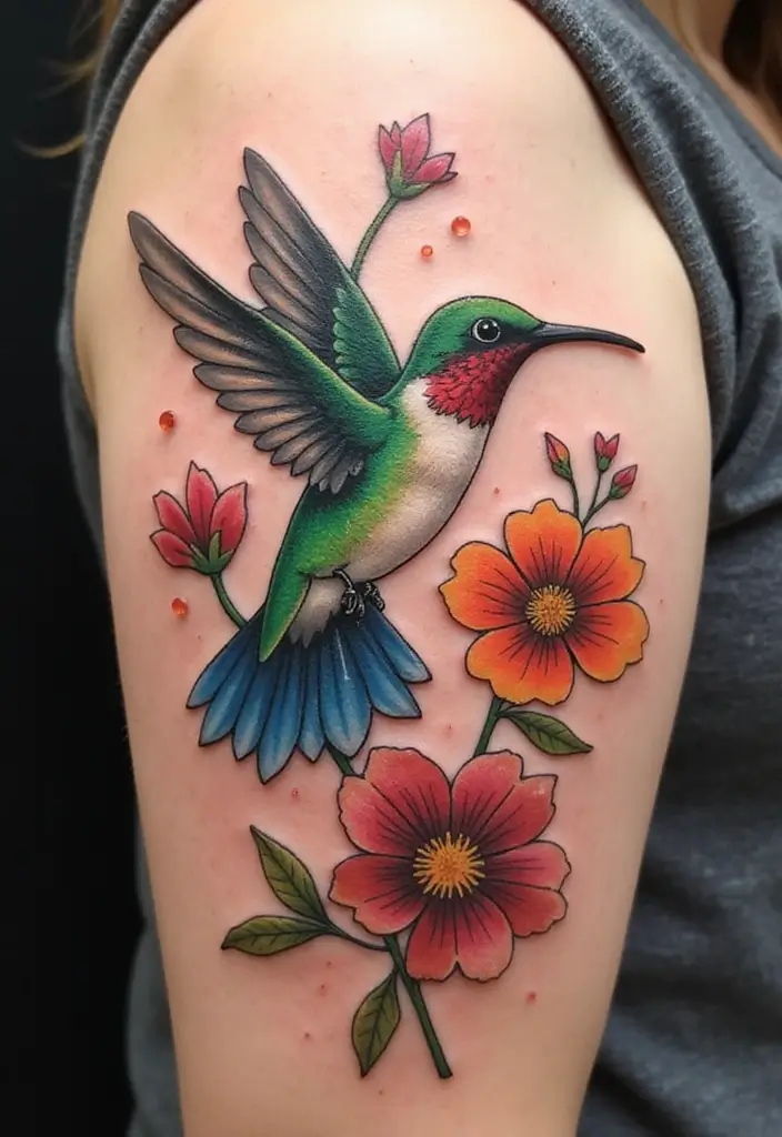 30 3D Hummingbird Tattoos That Feel Lifelike - 26. The Blossoming Connection