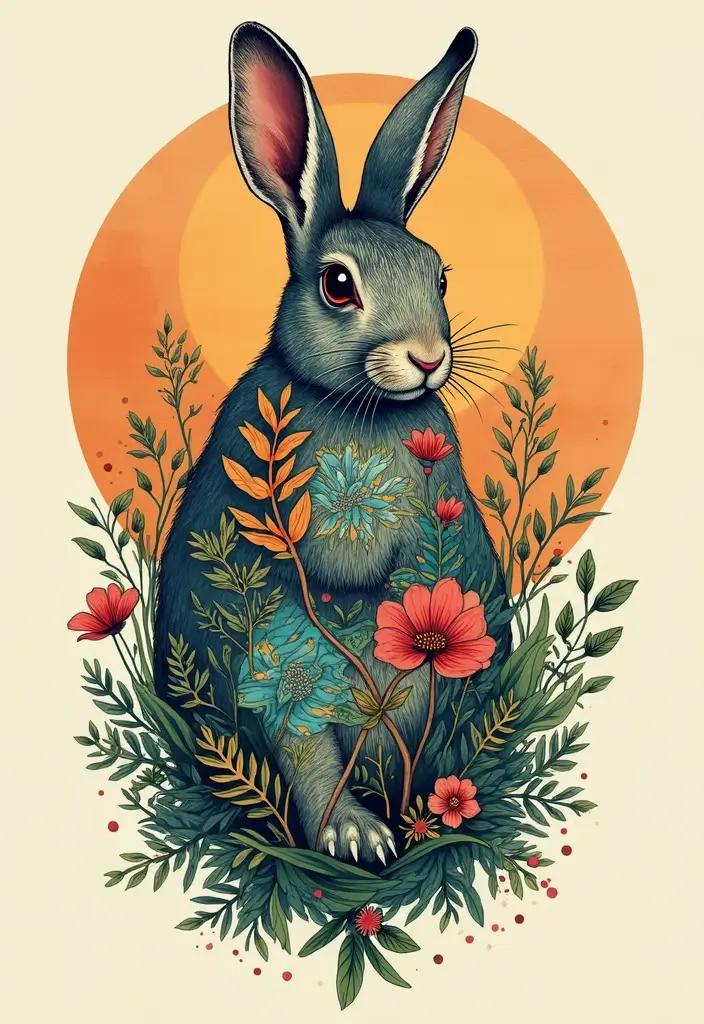 30 American Traditional Rabbit Tattoo Inspirations - 26. Rabbit and Nature Cycle