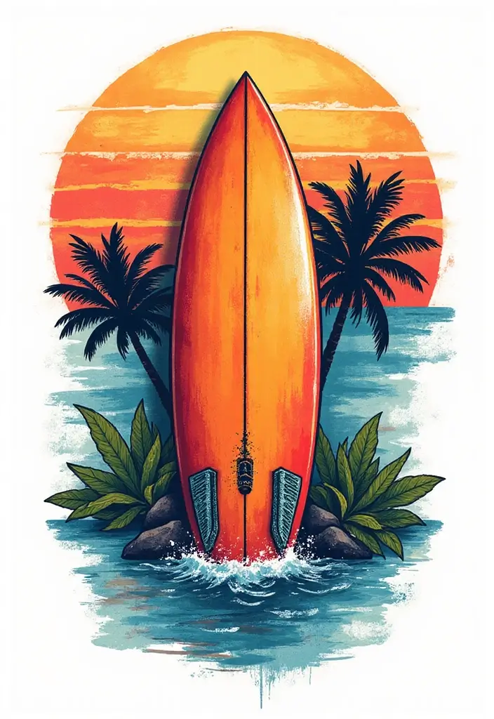 30 Beach Tattoos for Guys with Laid-Back and Cool Vibes - 26. Sunset Surfboard