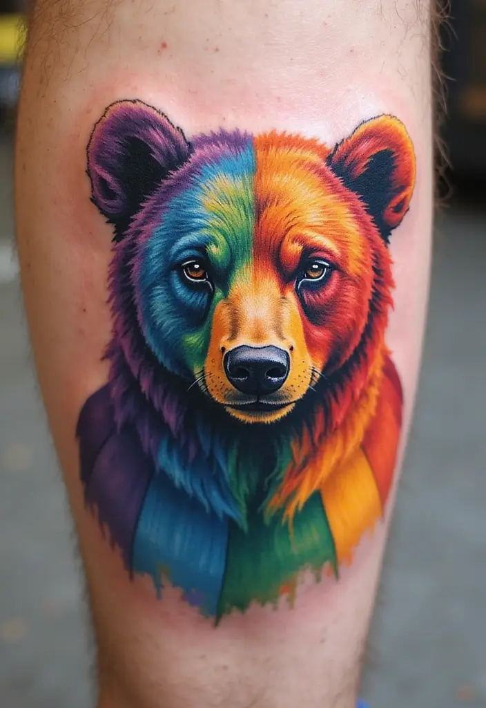 30 Bear Shoulder Tattoo Inspirations with Power and Strength - 26. Bear with Rainbow Colors
