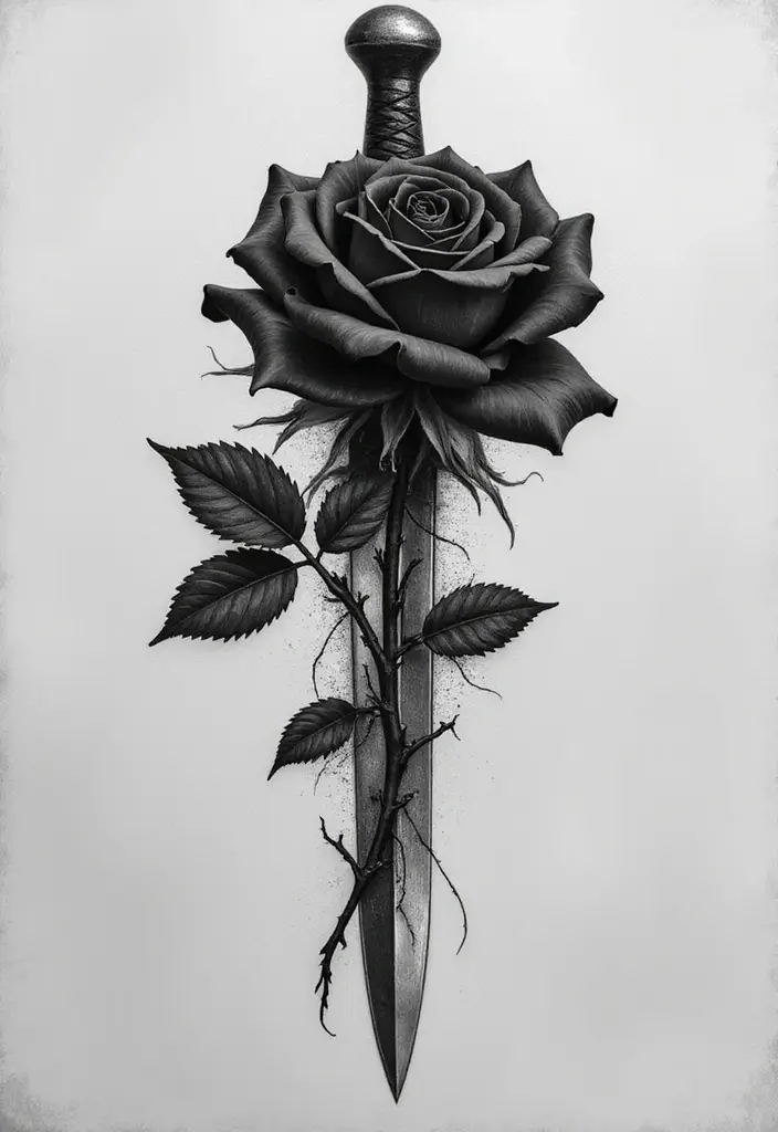 30 Black Rose Tattoo Meaning and Design Inspirations - 26. Black Rose with a Dagger