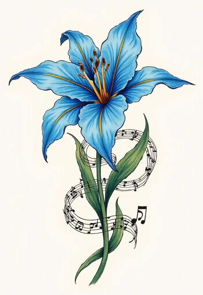 30 Blue Lily Tattoo Designs That Look Elegant - 26. Blue Lily with Music Notes