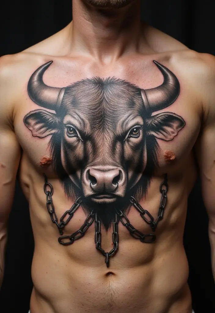 30 Bull Tattoo Chest Ideas Full of Strength - 26. Bull with Chains
