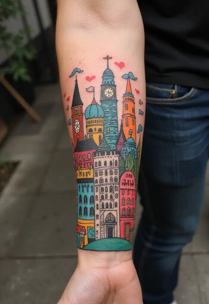 30 Cartoon Tattoo Ideas That Are Fun and Creative - 26. Enchanting Cartoon Cities