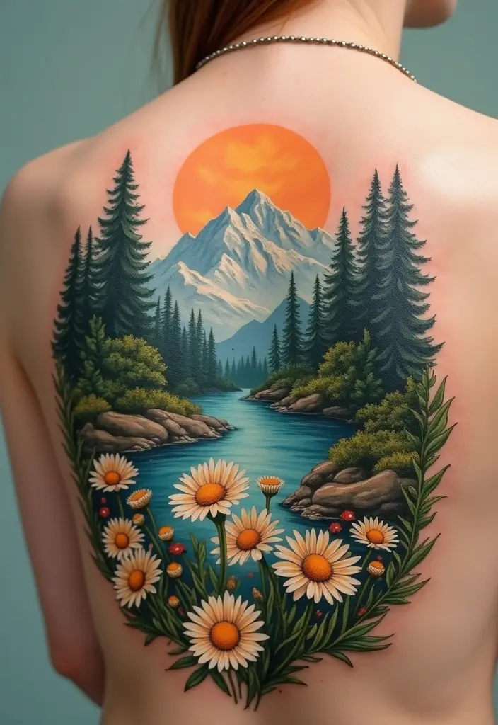 30 Colorful Daisy Tattoo Inspirations Full of Joy - 26. Daisies with Nature Elements