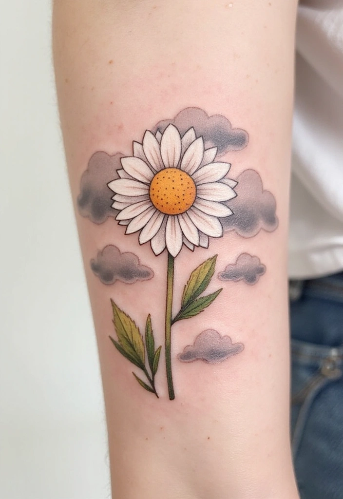 30 Daisy April Birth Flower Tattoo Designs You’ll Love - 26. Daisy and Clouds