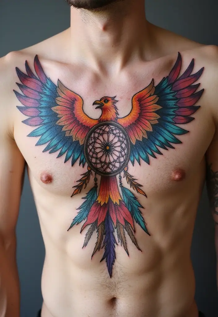 30 Dream Catcher Tattoo Ideas for Men with Protective Energy - 26. Dream Catcher with a Phoenix
