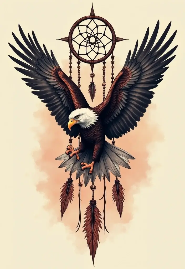 30 Eagle Tattoo Ideas That Represent Power and Courage - 26. Eagle with a Dreamcatcher