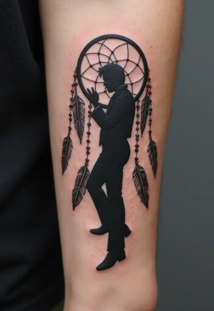 30 Elvis Silhouette Tattoo Ideas for Rock Legends - 26. Elvis with a Dreamcatcher