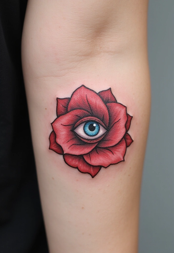 30 Evil Eye Tattoo Designs for Protection and Style - 26. Evil Eye with a Rose