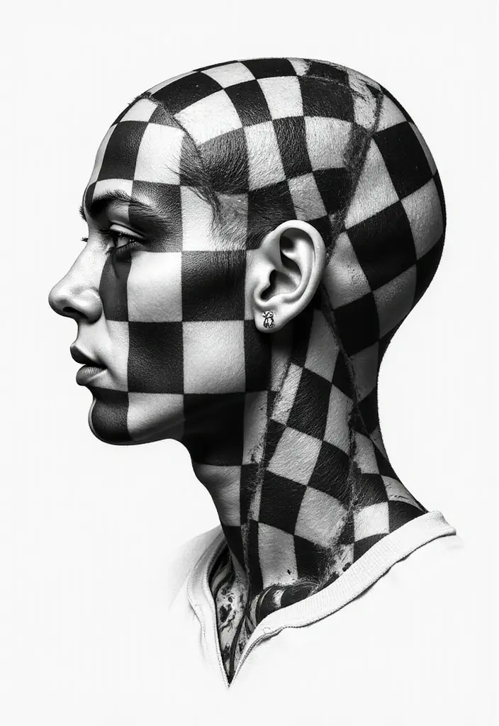 30 Geometric Head Tattoo Ideas for Bold Expression - 26. Chess Board Patterns
