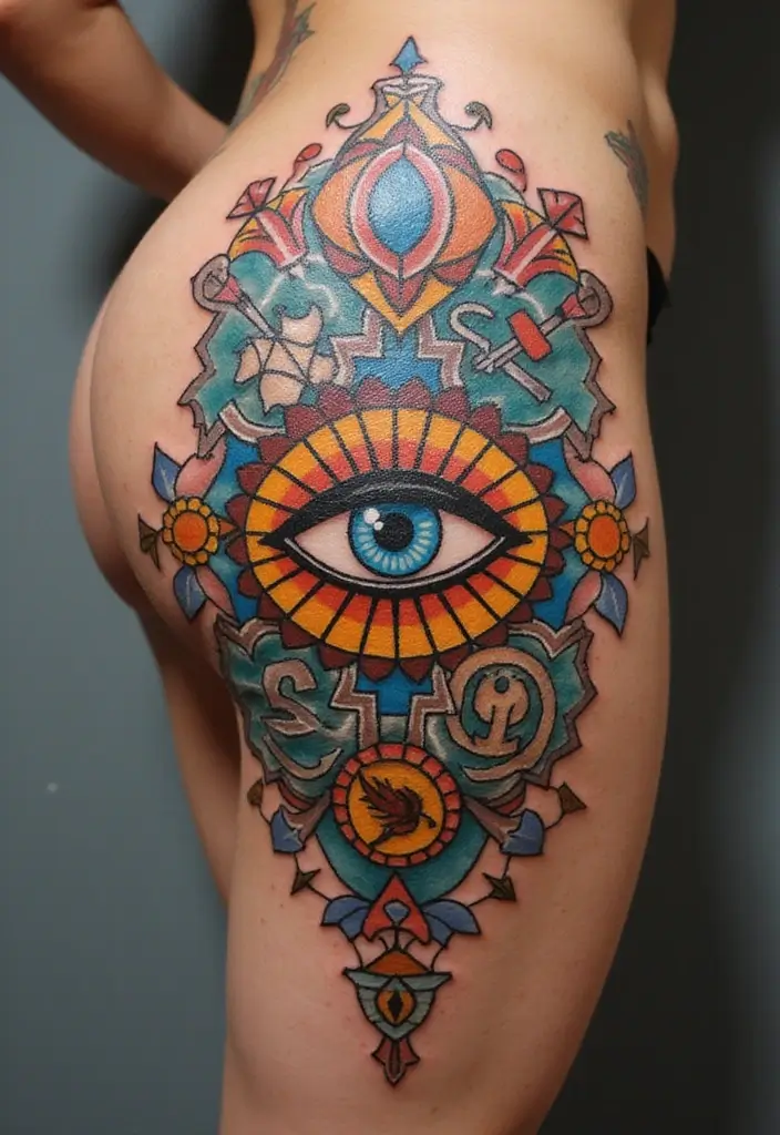 30 Greek Eye Tattoo Meaning and Stunning Design Ideas - 26. Greek Eye with Cultural Symbols