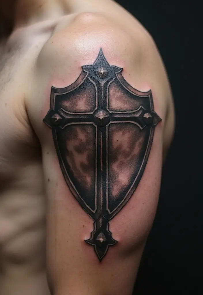 30 Hand Cross Tattoos That Blend Faith and Style - 26. Cross with a Shield