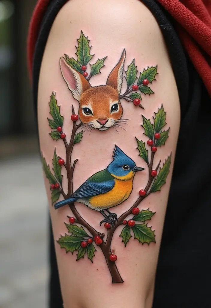 30 Holly Tattoo Meaning and Creative Design Ideas - 26. Holly with Animals Tattoo