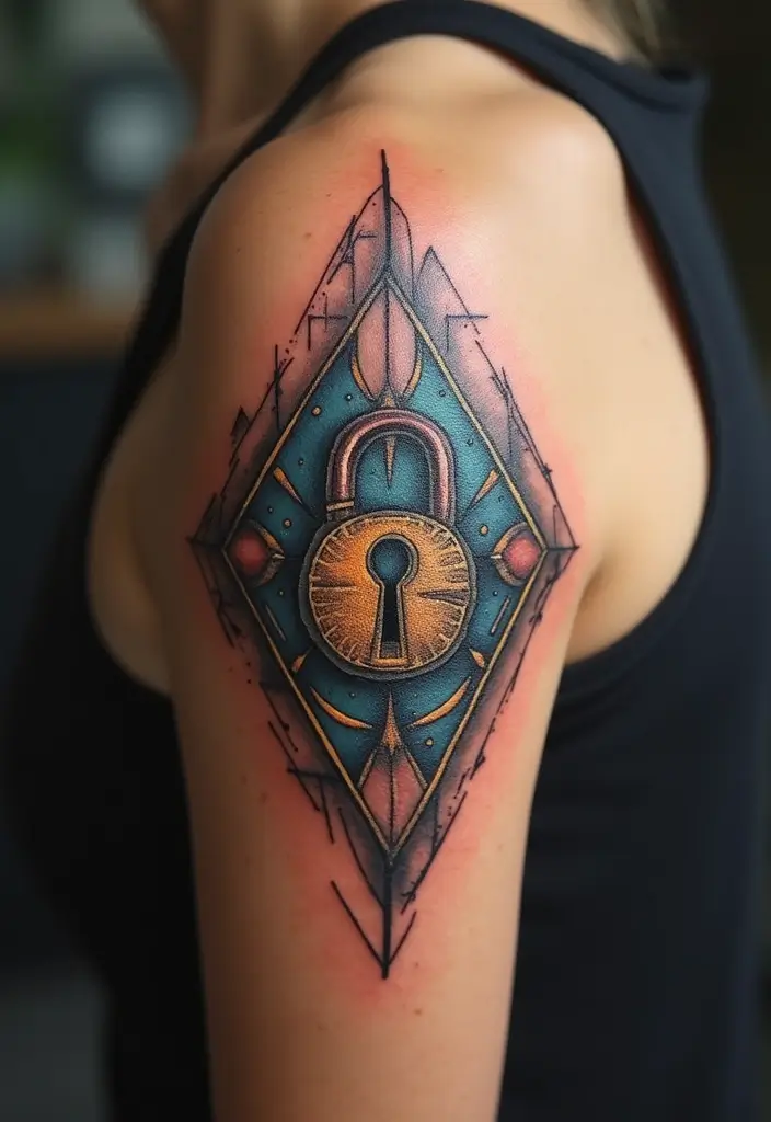 30 Key Lock Tattoo Ideas Symbolizing Love and Mystery - 26. Artistic Key Lock with Geometric Shapes