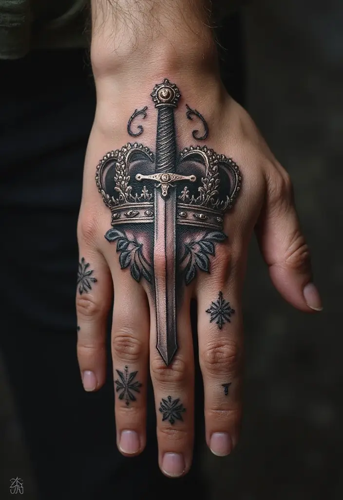 30 King and Queen Tattoos Finger Designs for Couples - 26. Crown and Sword Tattoo
