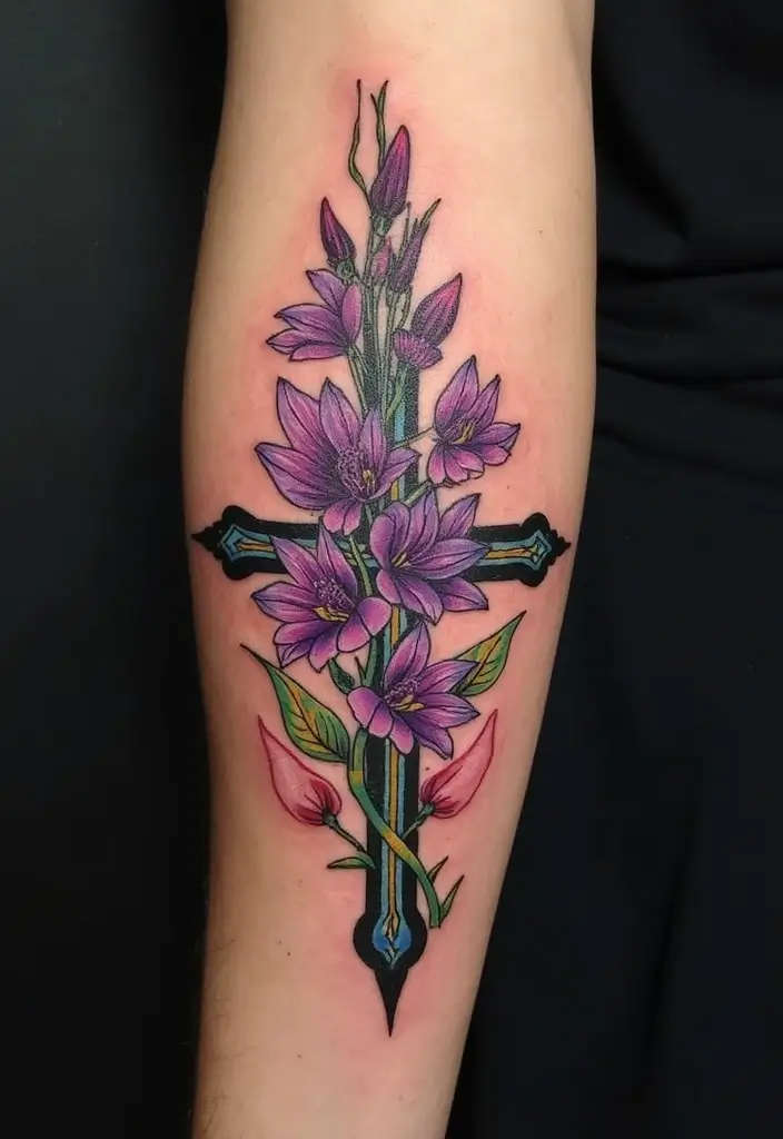 30 Larkspur Tattoo Designs Inspired by Birth Flowers - 26. Larkspur with a Cross