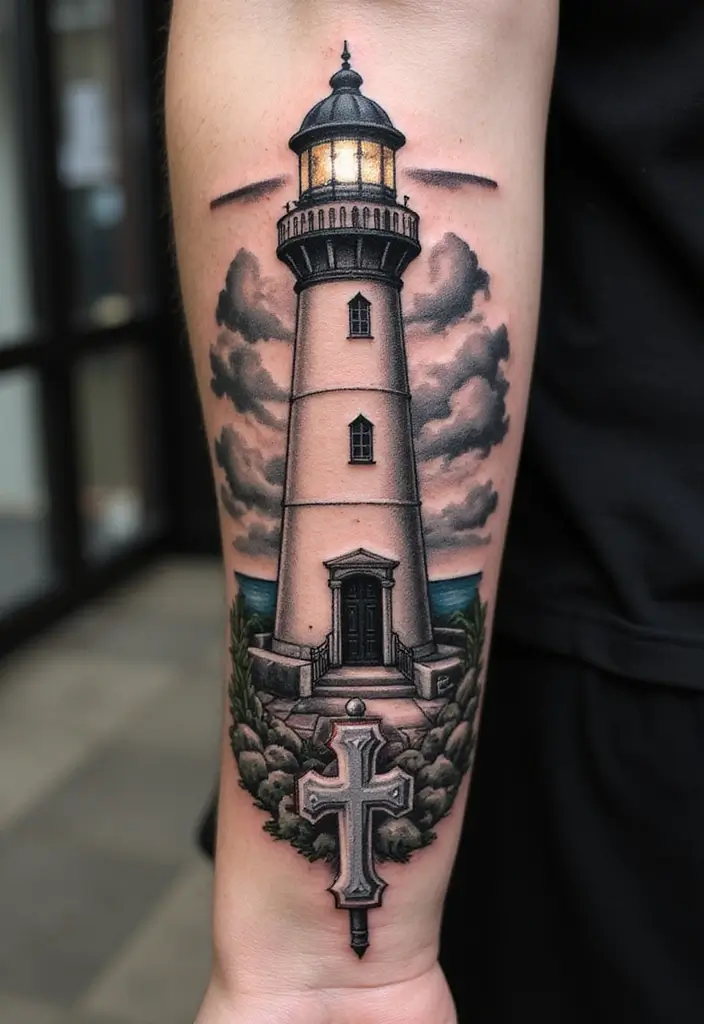 30 Lighthouse Forearm Tattoo Ideas That Guide the Way - 26. Lighthouse with a Cross