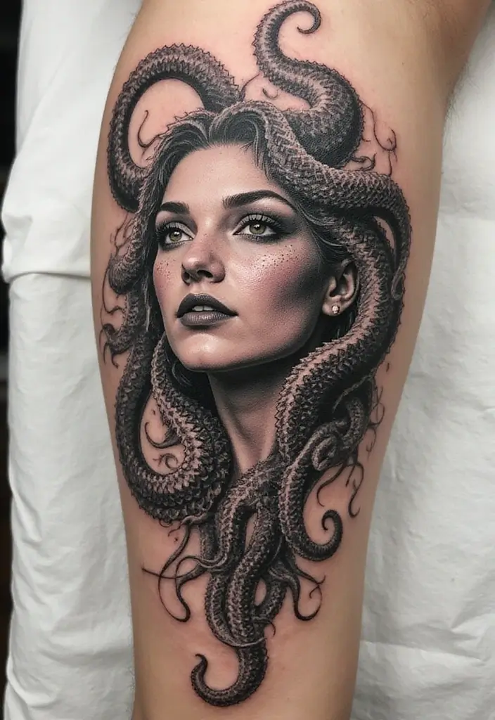 30 Medusa Tattoos for Females with Bold and Fierce Symbolism - 26. Medusa and the Ocean