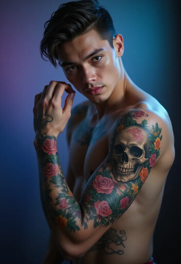 30 Men’s Floral Tattoo Half Sleeve Inspirations - 26. Mystic Floral Skull
