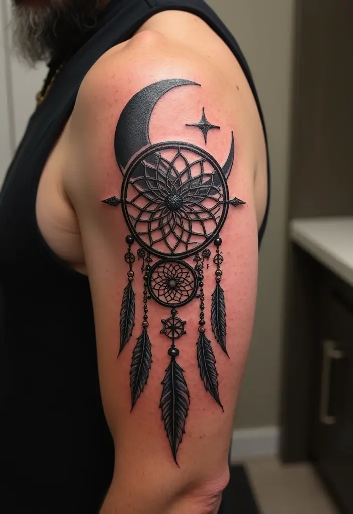 30 Moon Tattoos for Men That Radiate Power and Mystery - 26. Moon with Dreamcatcher