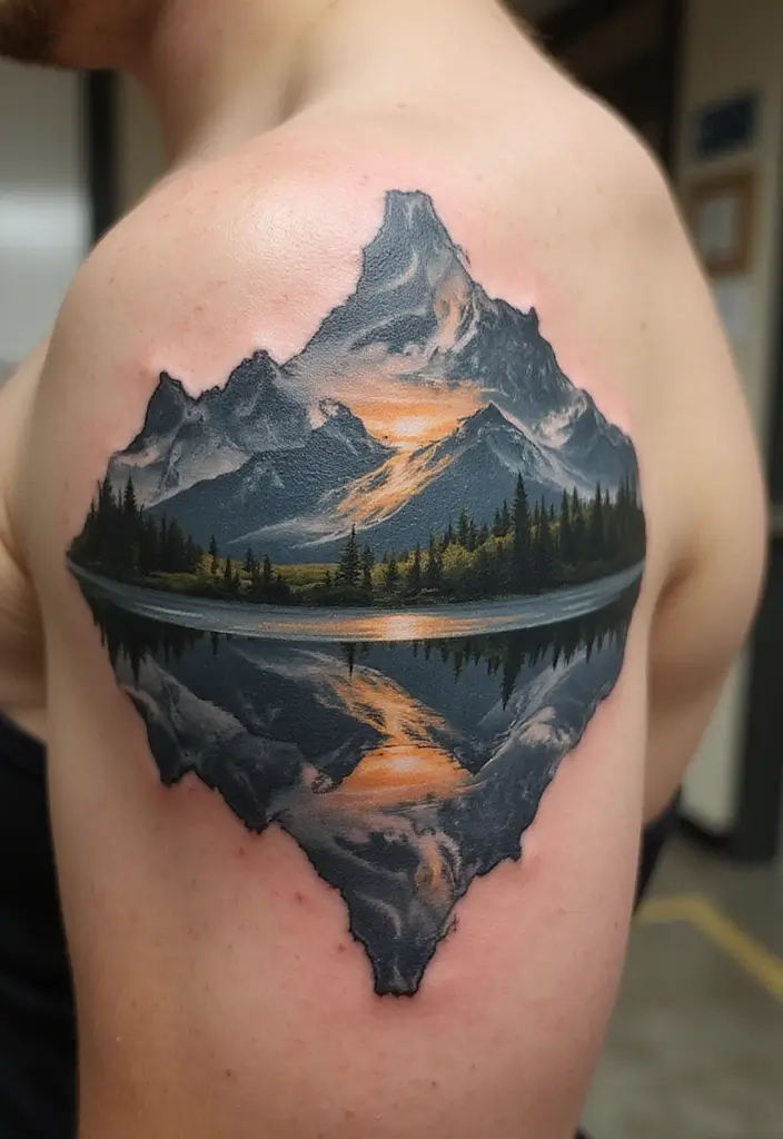 30 Mountain Tattoos for Men That Capture Adventure Spirit - 26. Mountain Range with Reflections