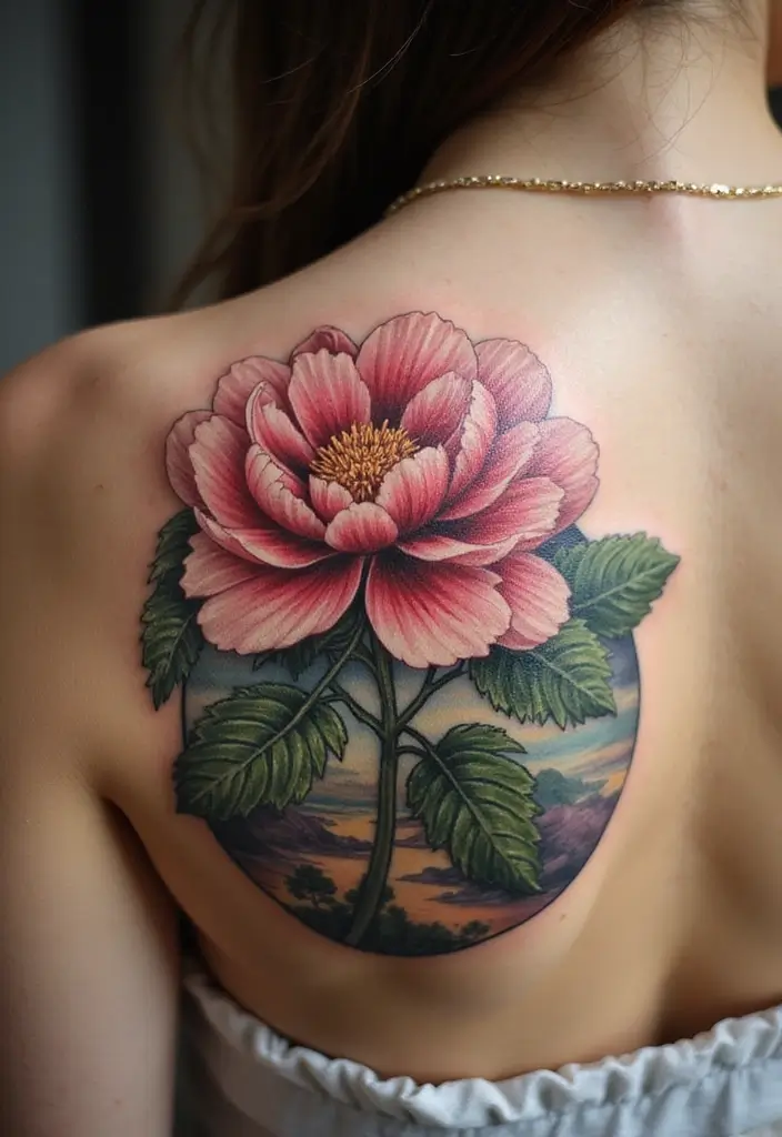 30 Peony Tattoo Ideas with Meaning and Elegance - 26. Peony and Landscape