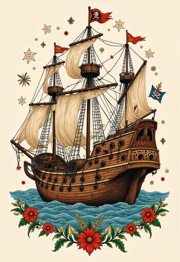 30 Pirate Ship Tattoo Designs for Ocean Lovers - 26. Pirate Ship and Folklore Elements