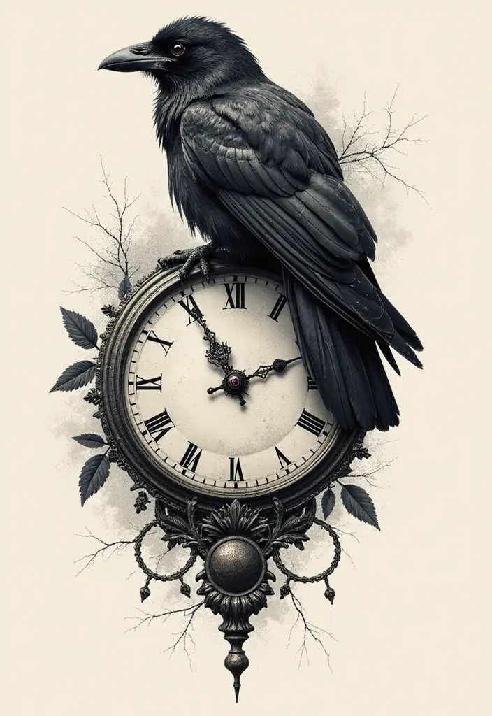 30 Raven Tattoo Shoulder Designs That Look Powerful - 26. Raven on a Clock