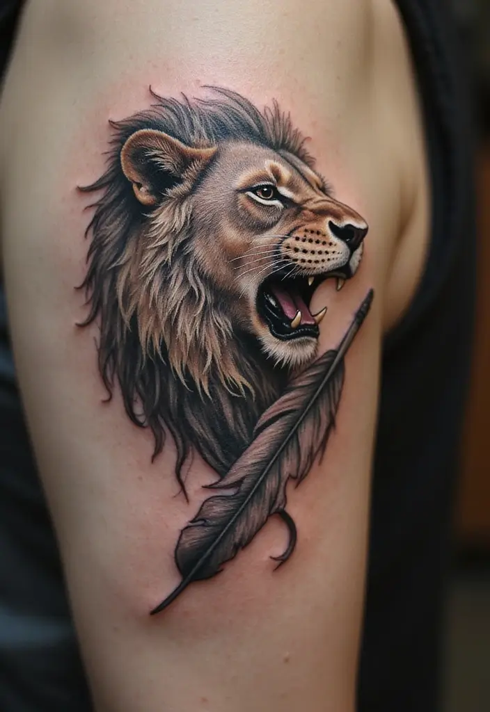 30 Roar Lion Tattoo Inspirations That Show Strength - 26. Lion with Feather: Light and Strength