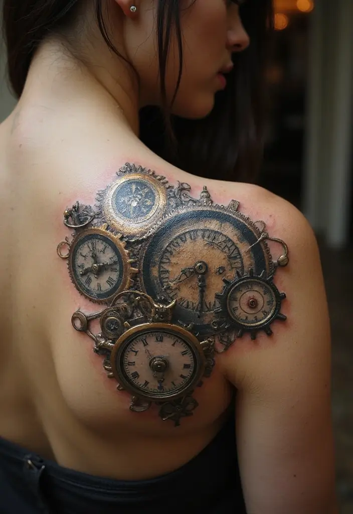 30 Shoulder and Back Tattoos for Women That Look Stunning - 26. Steampunk Inspirations