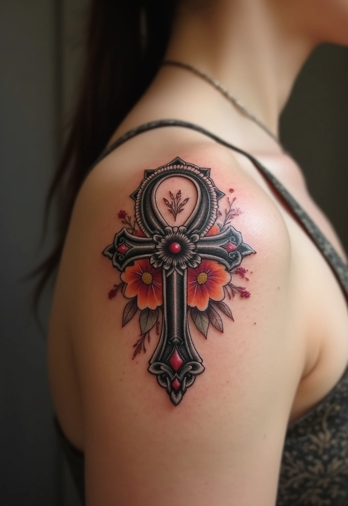 30 Shoulder and Back Tattoos for Guys with Masculine Energy - 26. The Ankh