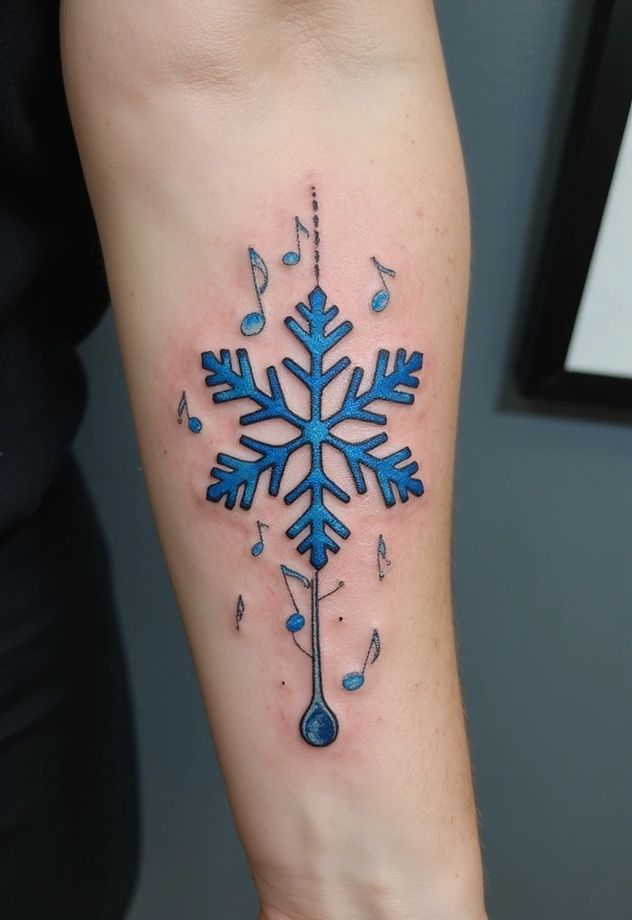 30 Snowflake Tattoo Ideas with Delicate and Unique Patterns - 26. Snowflake with Music Notes
