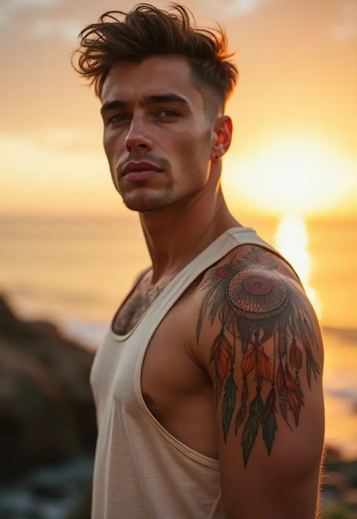 30 Sun Tattoo Men Ideas for Radiant Energy - 26. Sun and Dreamcatcher Tattoo