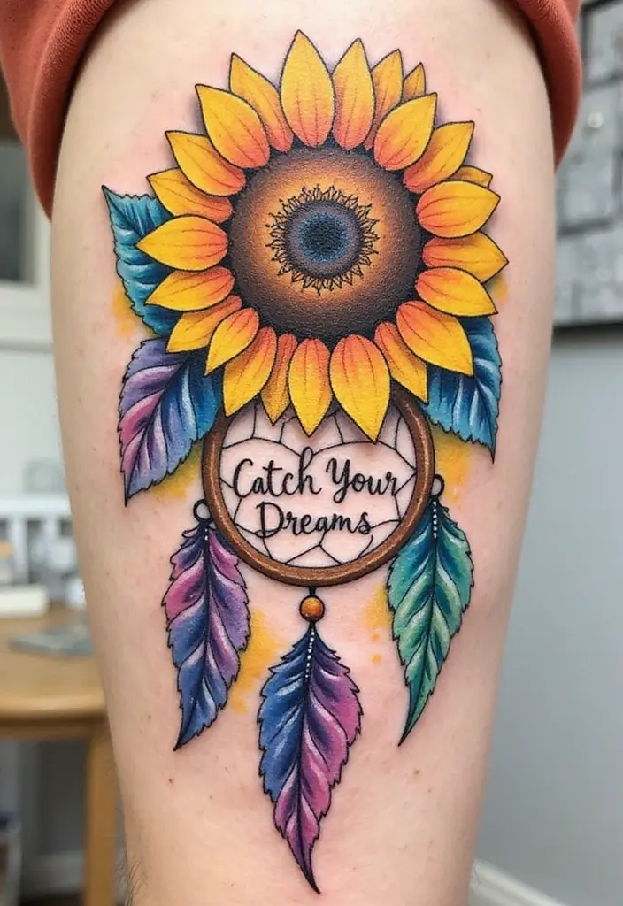 30 Sunflower and Quote Tattoo Ideas Full of Positivity - 26. Sunflower and Dreamcatcher with 'Catch Your Dreams'
