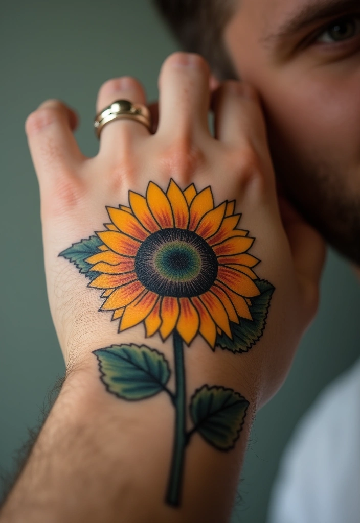 30 Symbol Hand Tattoos for Men That Speak Volumes - 26. The Sunflower